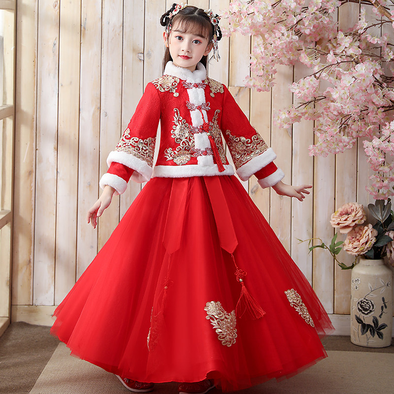 Hanfu girl's winter clothing thickened Baiyenswear women's medium national style dress with velvety dress with velvety dang children's New Year's dress