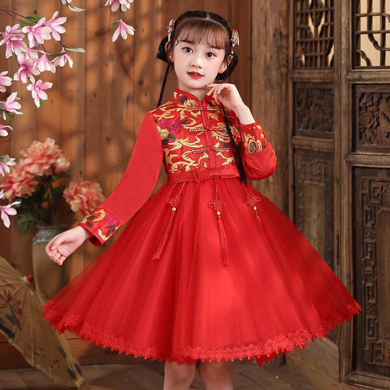 Girl Qipao Dress Winter Dress Thickening China Wind Ancient Clothing Hanfu Dress Female baby New Chinese New Year clothes Winter children Baiyear clothes