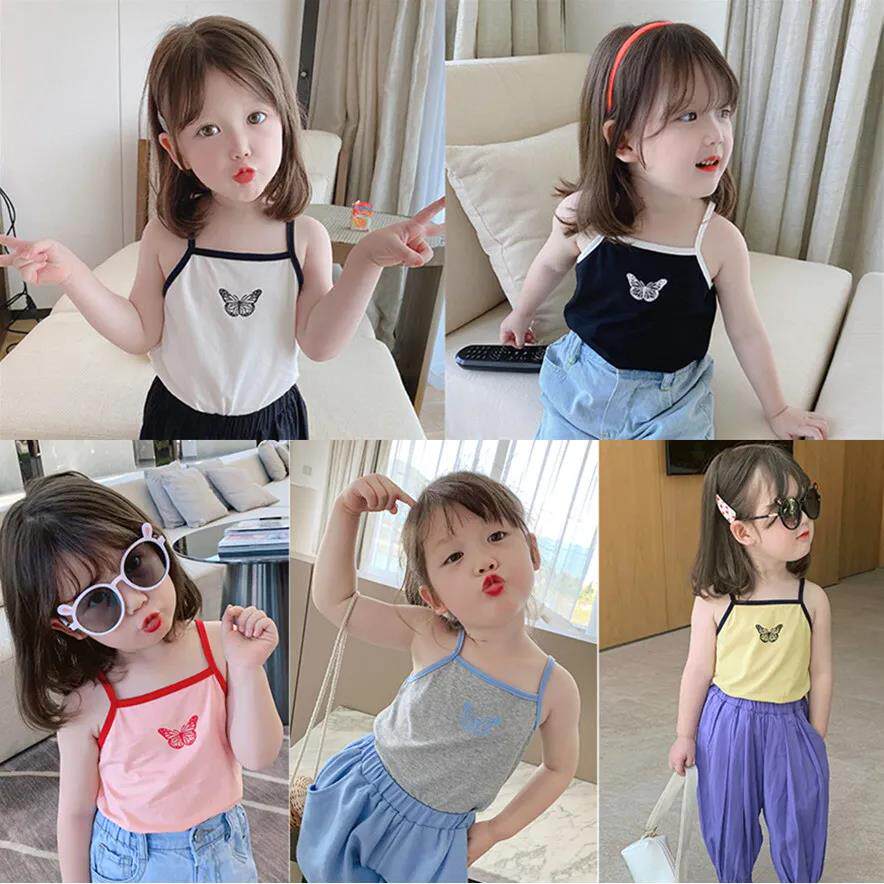 2021 new pattern little girl halter shirt Korean version contrast color butterfly girl small vest female baby pure cotton summer clothes