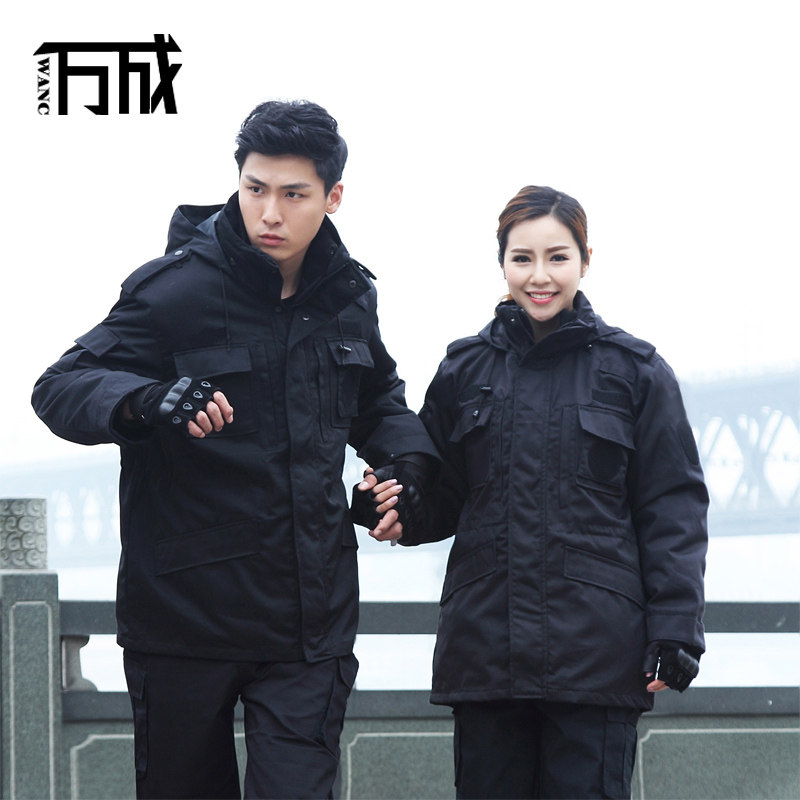 Black special service overalls plus velvet thick padded jacket security long-sleeved winter warm top multi-functional special protection padded jacket
