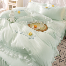 Summer light lavish minimalist with embroidery pure color washed true silk ice silk four pieces of summer cool-feeling bed linen quilt cover