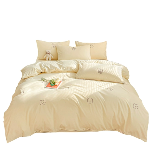Желтый комплект, хлопковая простыня, пододеяльник, легкий роскошный стиль, простой и элегантный дизайн, с медвежатами, с вышивкой, 4 предмета, постельные принадлежности