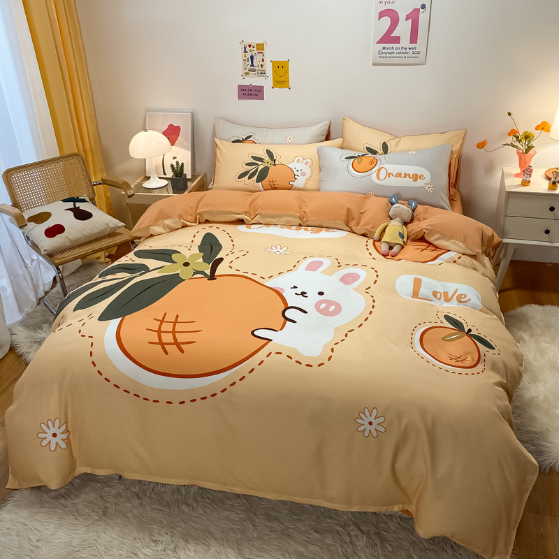 Aesthetic warm cartoon four-piece set washed cotton print series bed sheet bed cover student dormitory 1.8 beds 4 pieces