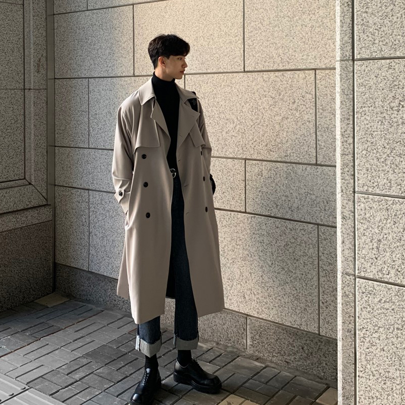 Korean version of the trench coat men's mid-length fashion loose over-the-knee British double-breasted coat autumn and winter thick Japanese coat