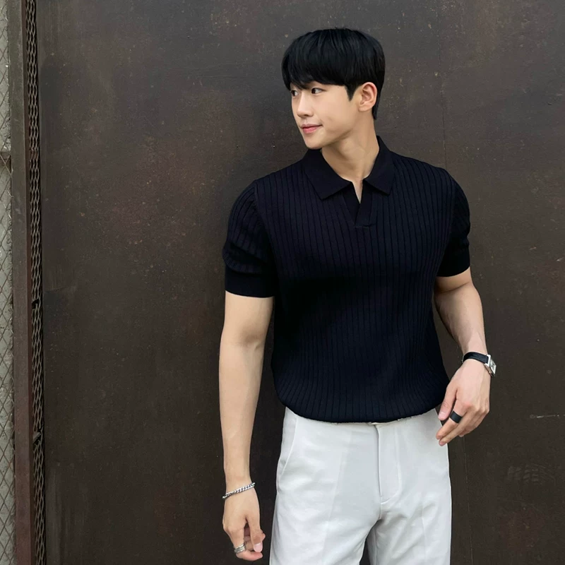 Летняя полосатая polo-поло с коротким рукавом для мужчин в корейском стиле slim, однотонная, casual, тонкий полурубашка, модный вязаный топ