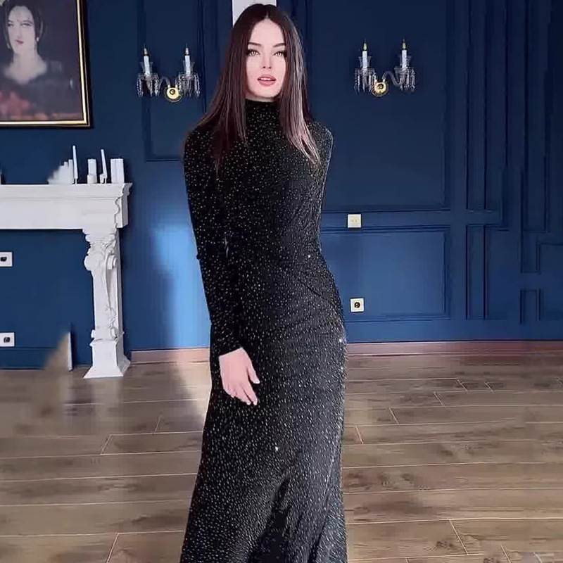 Elegant Dress for Women, Slim-Fitting Long-Sleeved Gown, European and American Style, Black Half-High Collar, Sequined Long Waist-Cinching Dress Elegant Dress for Women, Slim-Fitting Long-Sleeved Gown, European and American Style, Black Half-High Collar, Sequined Long Waist-Cinching Dress