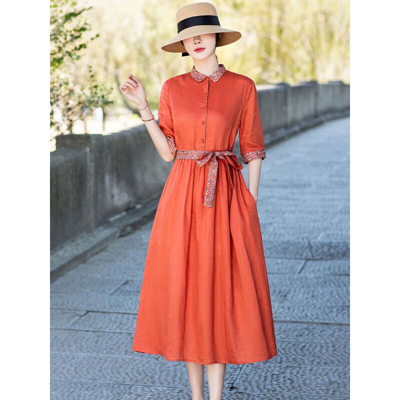 Clearance Sale Linen Lace-Up Shirt Dress for Women, Vintage Loose A-Line Dress, Mid-Length Cotton-Linen Printed Dress for Summer