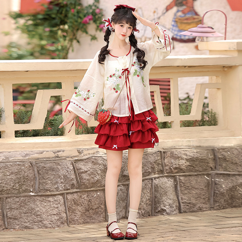 Xiudian Original Hanfu [Summer Strawberry] Han-Style Puff Skirt with Straps, Round Neck Embroidered Top, Cute Girl