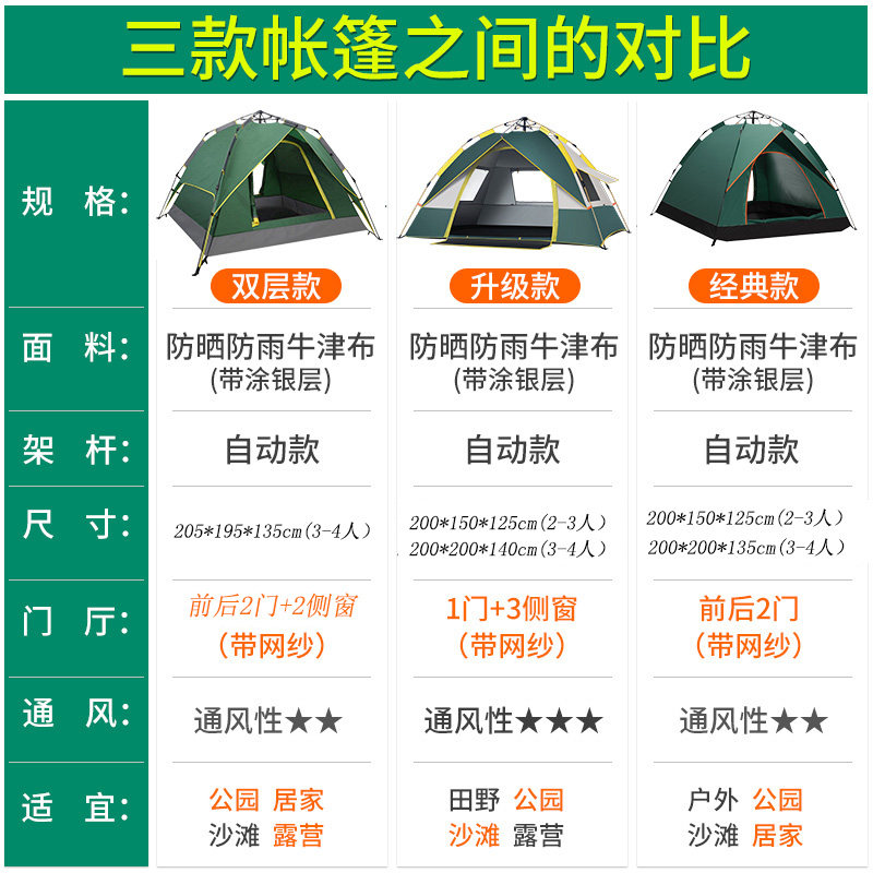 Outdoor tent equipment field 3-4 people camping indoor double automatic camping thickened rainproof sunscreen Beach
