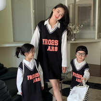 Street parent-child outfit 2023 new autumn fashion mother-child outfit fake two-piece POLO shirt mother-daughter POLO skirt brother-sister outfit