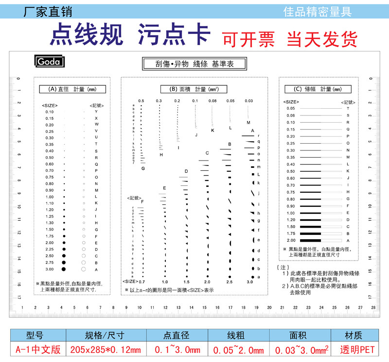 GODA high precision standard dot line gauge Dot gauge Measuring tool Stain Carfilm ruler Scratch foreign body reference table
