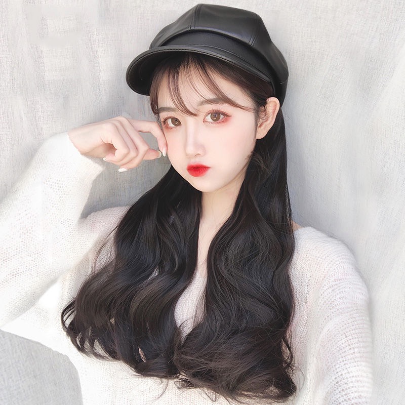 Wig woman long hair PU net red anise hat wig integrated female winter fashion long curly hair large wave full headgear