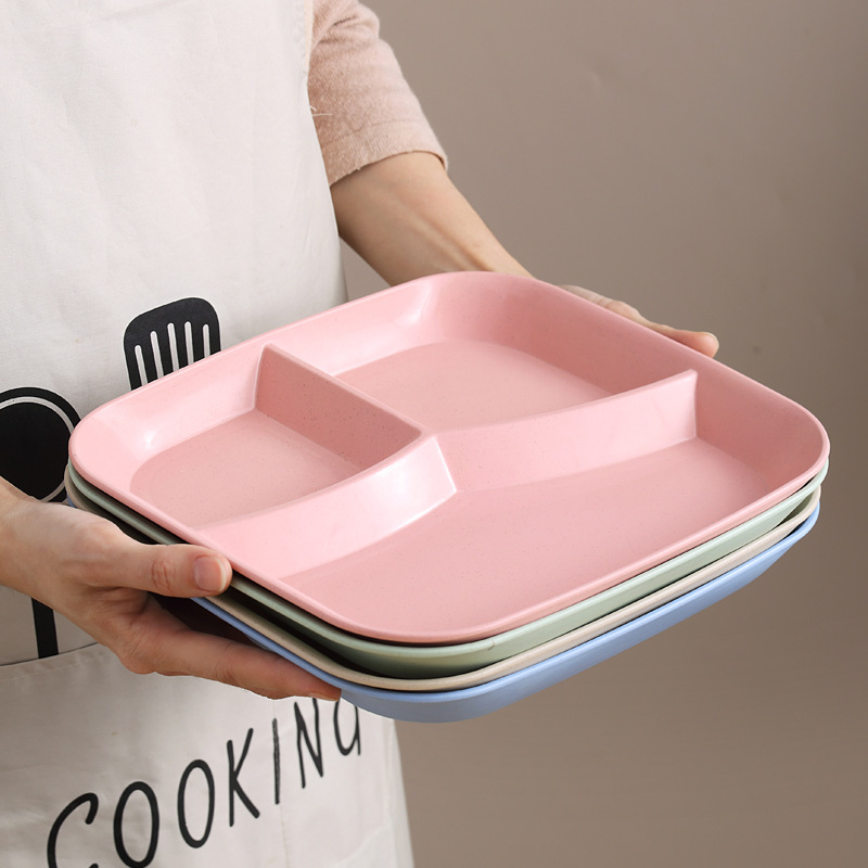 Wheat Straw Square Three-Compartment Plate for Home Use, Weight Loss Portion Control Divided Plate, Creative Anti-Drop Children's Breakfast Plate