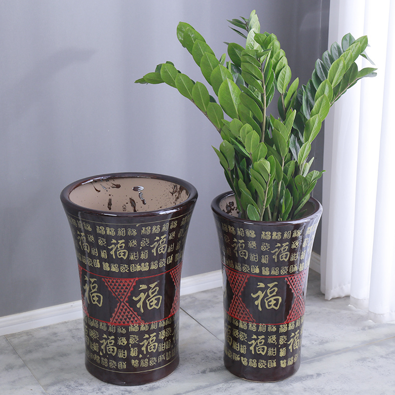 New Style Classical Chinese Style Ceramic Flowerpot Extra Large Size with the Word "Fortune" for Money Tree and Prosperity Tree, Suitable for Indoor Living Room Green Plants, Free Shipping