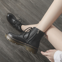 Side zipper Martin boots womens autumn and winter 2020 new velvet flat-bottomed boots British style lace-up leather boots