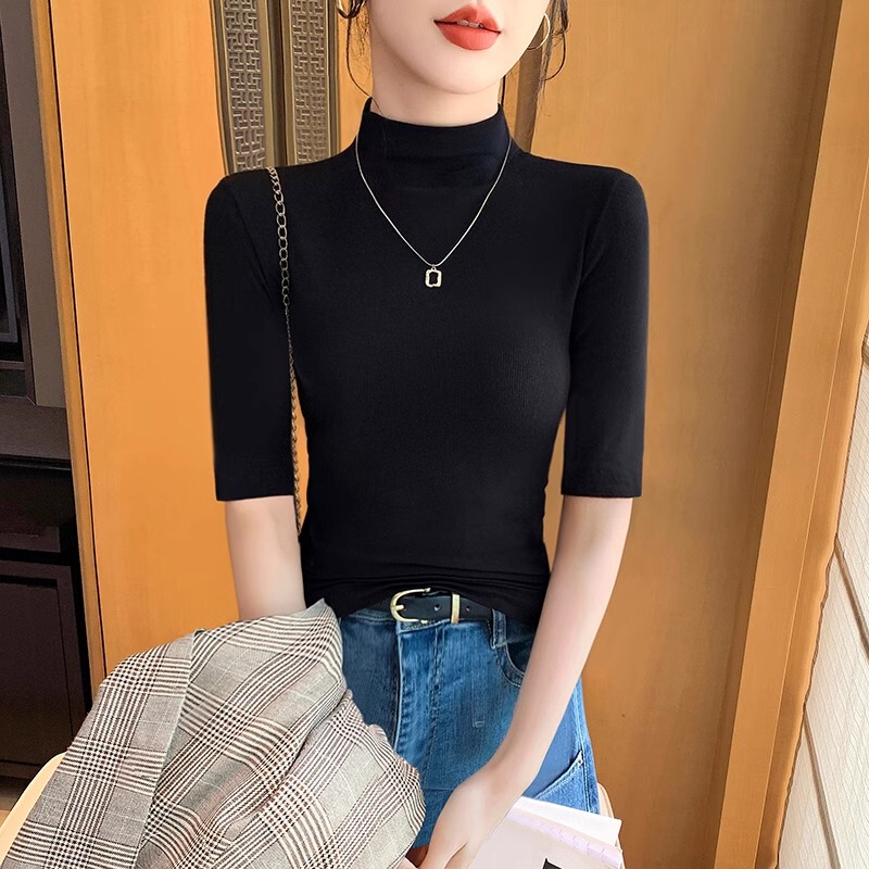 Half-High Collar Mid-Sleeve T-Shirt for Women, Short-Sleeve 2026 New Spring/Summer Style, Black Knitted Base Layer Top with Five-Quarter Sleeves
