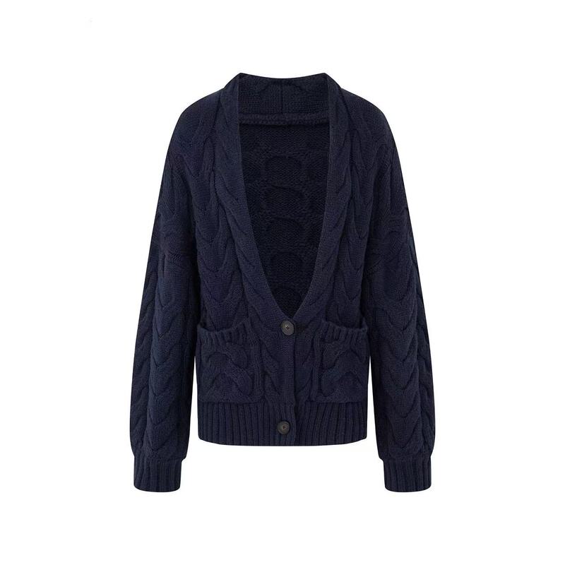 In Stock, Same Style as Iamxia, Black/Navy Blue Cable Knit V-Neck Sweater Cardigan, Slimming and Versatile Jacket In Stock, Same Style as Iamxia, Black/Navy Blue Cable Knit V-Neck Sweater Cardigan, Slimming and Versatile Jacket