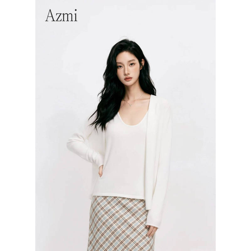 Azmi High-End Solid Color Knitted Cardigan Jacket for Women, New Spring and Autumn Style, Loose Fit, Slimming Sweater with Vest Two-Piece Set