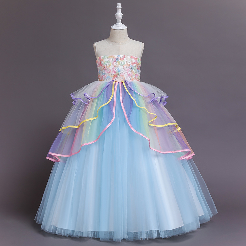 New 2023 Autumn and Winter Dress for Girls, Unicorn Children's Mesh Rainbow Puffy Princess Dress