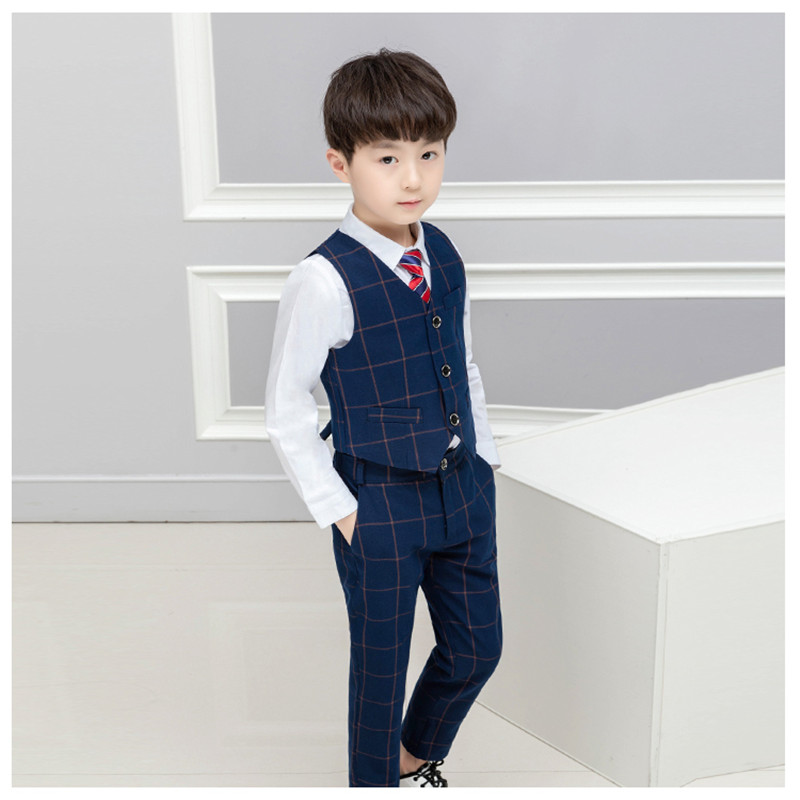 Boys' suit vest suit children's trousers plaid flower girl suit long-sleeved handsome British 2020 spring and autumn models