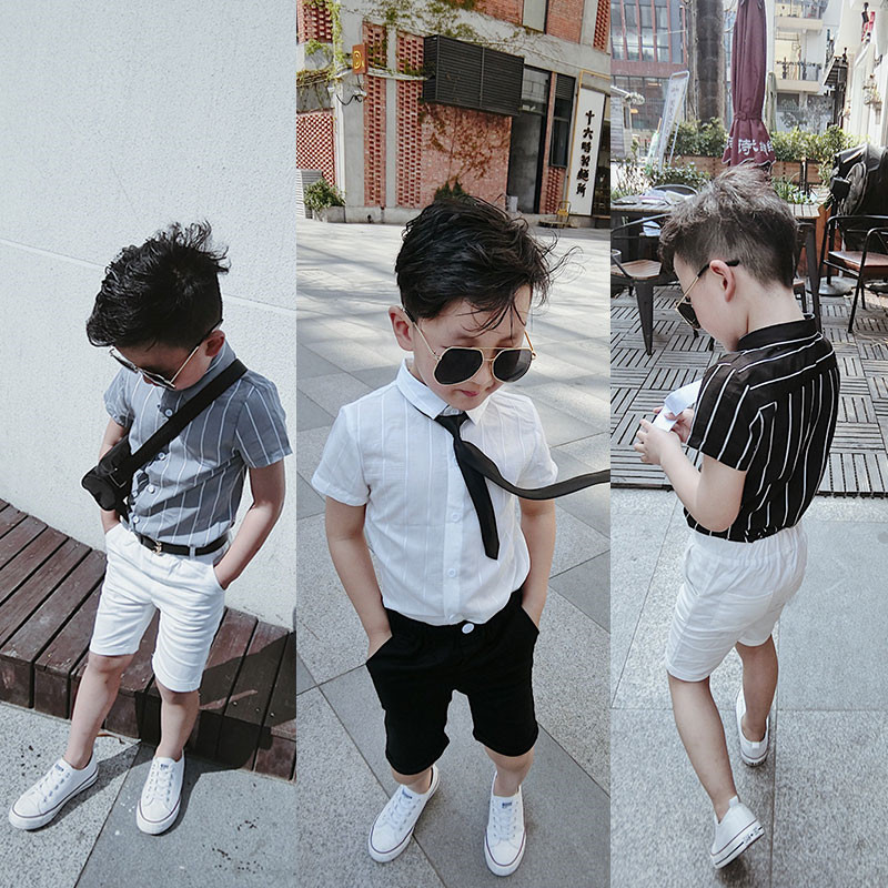 Boys suit summer thin section short-sleeved shirt shorts set children's shirt striped baby cotton cardigan 2022 new
