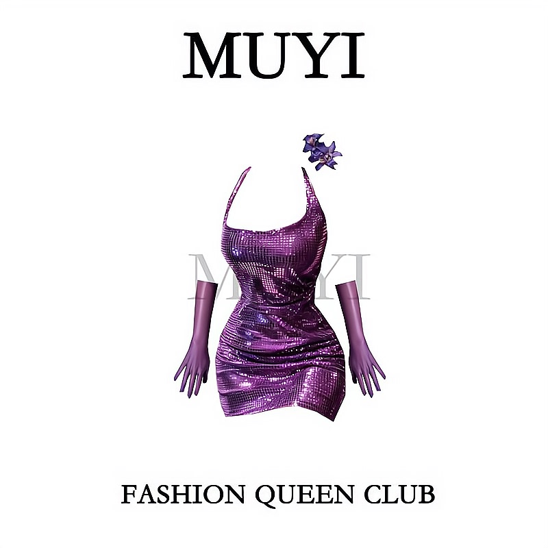 Muyi Original Hot Girl and Mature Woman Style High-End Halter Neck Dress Bar Waist-Cinching Sexy Purple Shiny Performance Outfit
