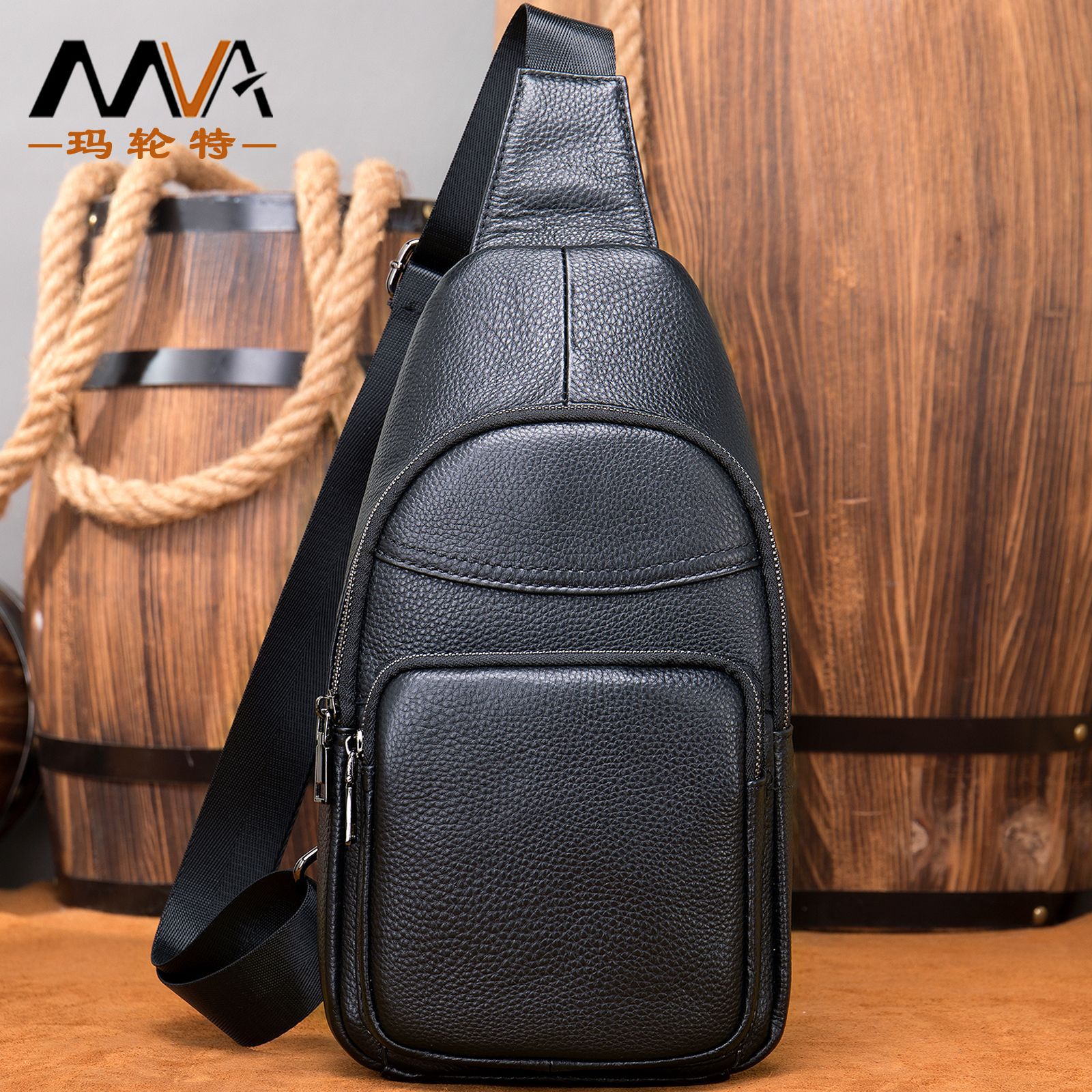 Men's leather chest bag trendy brand ins top layer cowhide fashion messenger bag shoulder bag casual small backpack men's bag MVA