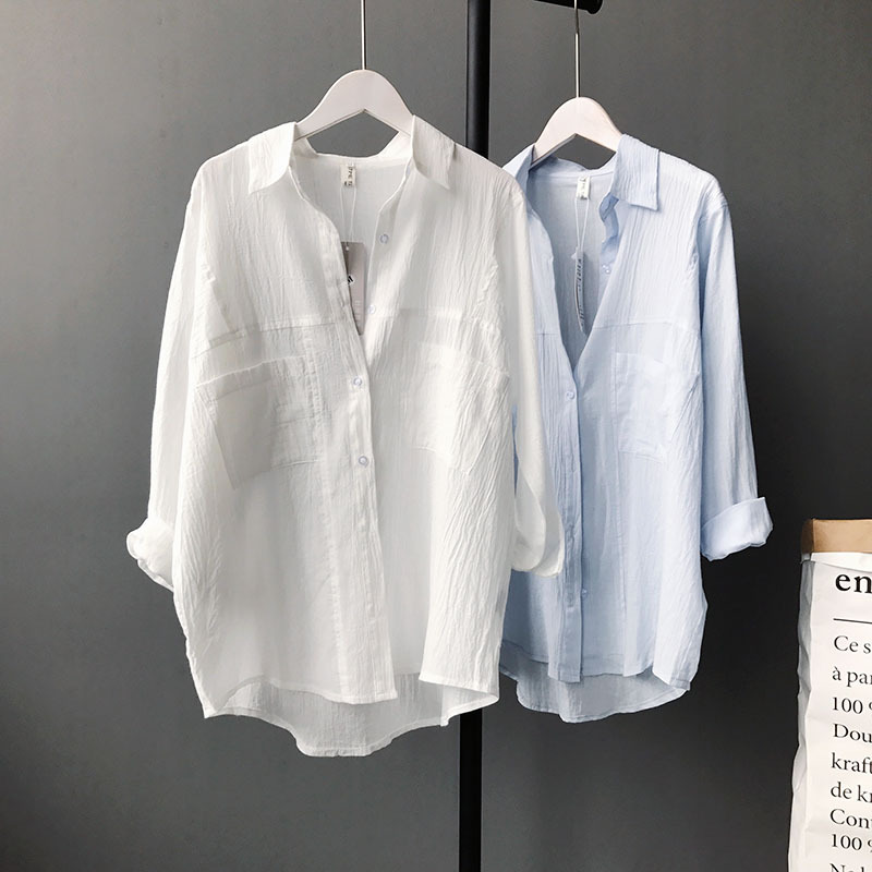 White cotton linen shirt female linen cotton Summer Korean version loose 100 hitch long sleeve sunscreen slim fit blouse blouse