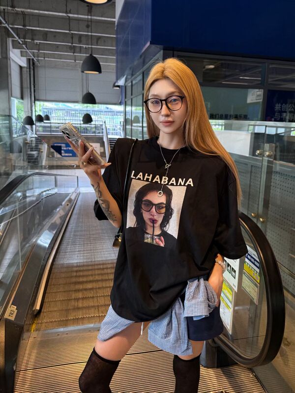 God Fortune God's Original 2026 Summer New Loose Shoulder-Padded European and American Style Letter Print Short-Sleeved T-Shirt for Women Trendy