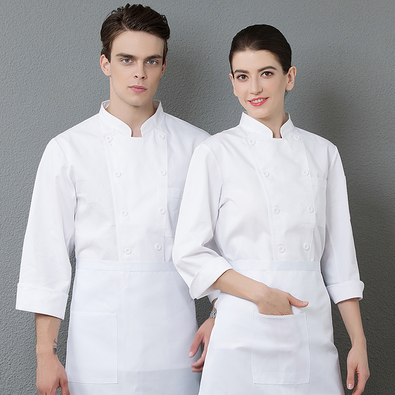 White Chef Uniform for Men, High-End Catering Restaurant Kitchen Baker Cake Shop Work Clothes, Long-Sleeved, Thickened for Winter