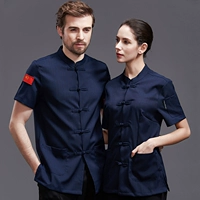 Льняная рубашка SC на пуговицах синего цвета с короткими рукавами