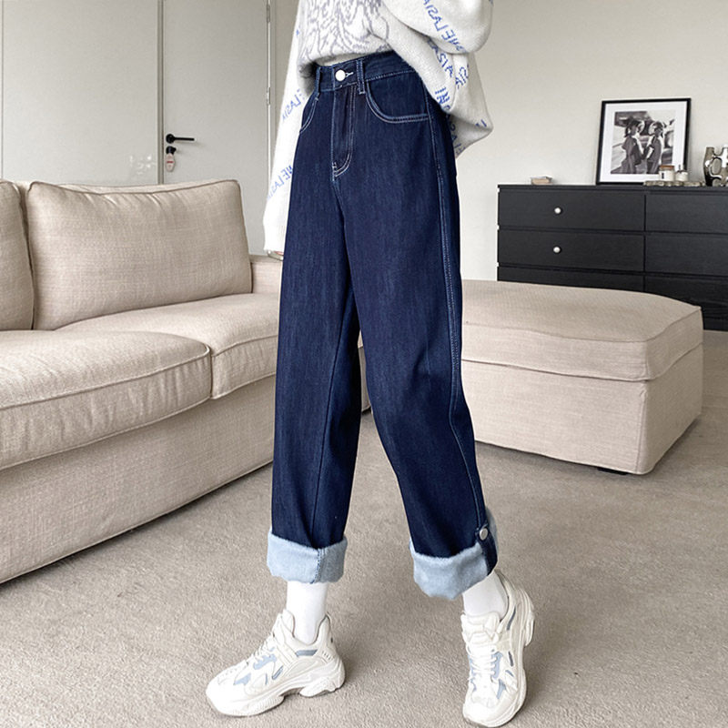 Dark blue high-waisted wide-leg curly jeans women's spring and summer 2022 spring new straight-leg pants drape pants ins