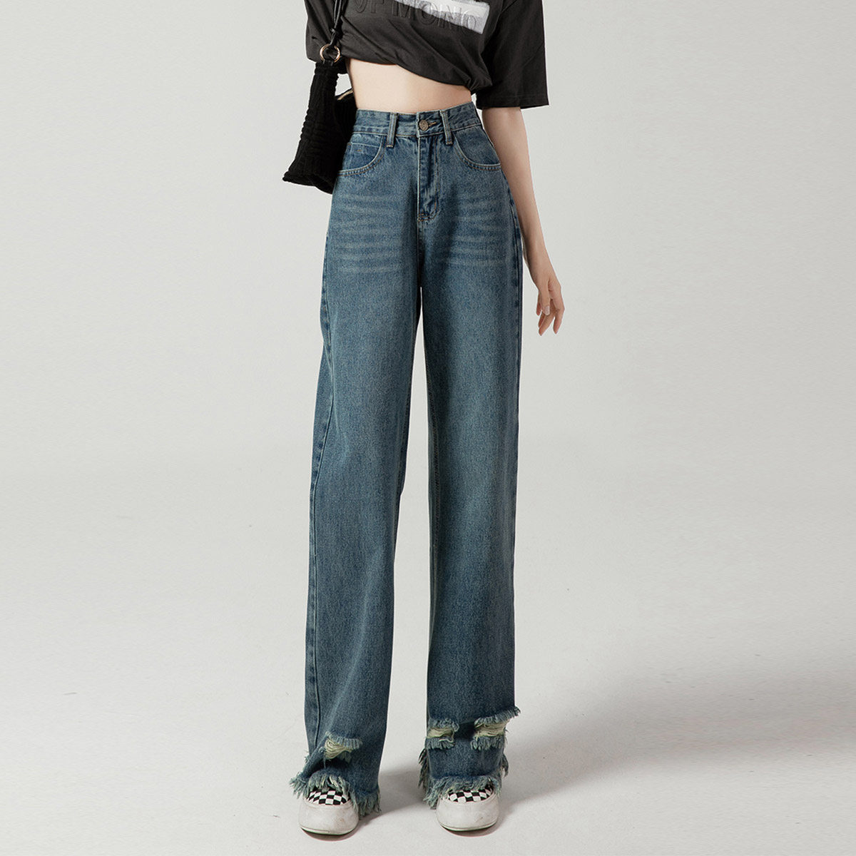 Trousers ripped jeans women's 2022 summer new high waist wide leg straight loose mopping retro design sense