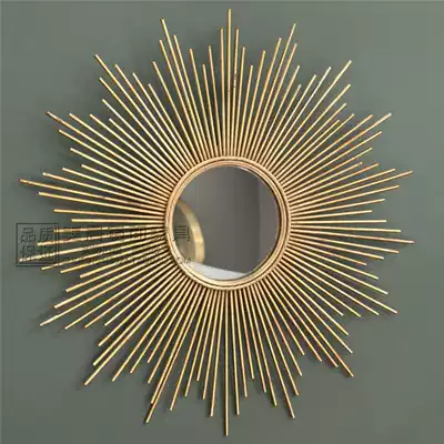 Iron hanging mirror round Sun decorative mirror art background wall mirror porch mirror antique golden corridor wall hanging mirror