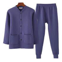 Middle-aged and elderly mens three-layer quilted thermal underwear set plus fat and plus size for dad pure cotton thickened autumn clothes and autumn trousers