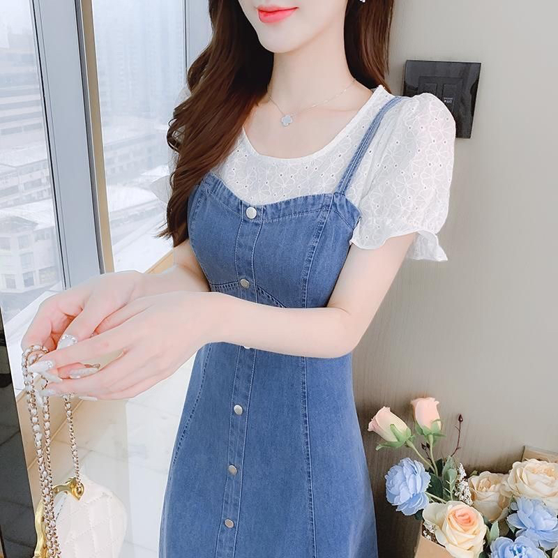 2026 New Style Fake Two-Piece Slim-Fit Dress That Hides Flaws and Flatters Petite Figures, Elegant Denim Dress for Women, Thin Summer Version
