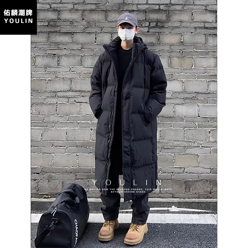 Hooded Mid-Length down Cotton Jacket for Men in Winter, Suitable for Temperatures as Low as Minus 40 Degrees in Northeast China, Cold-Proof, Over-The-Knee, Winter Training Track and Field Cotton Coat
