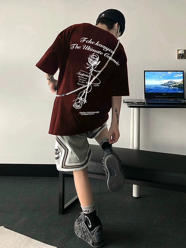 Бордовая модная летняя футболка, европейский стиль, короткий рукав, США