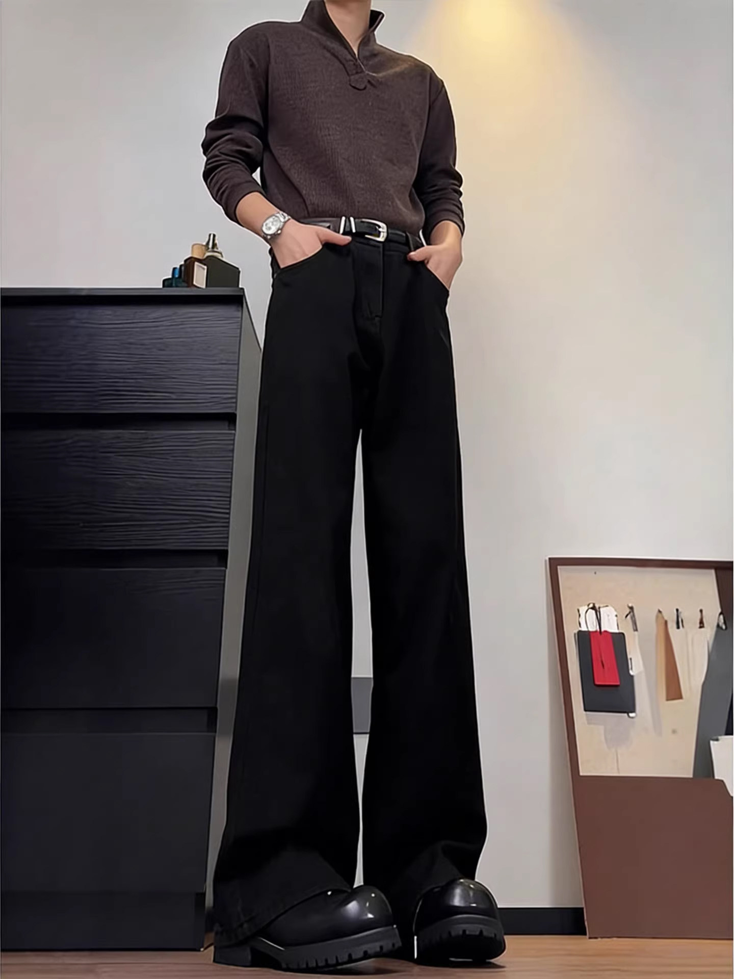 Black Straight-Leg Jeans for Men, Autumn and Winter, Tall, Fleece-Lined, Extra-Long Pants, American High Street Style, Non-Tight Fit, Slightly Flared Pants