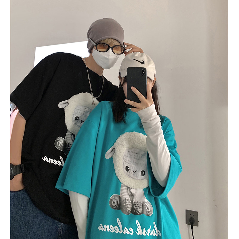 Lake green alpaca T-shirt women's design sense niche couples front shoulder short sleeves oversiz chic and thin three-quarter sleeves