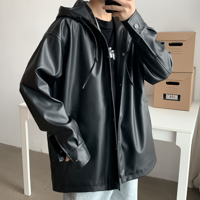 American oldschool jacket male design sensation small crowdPU leather hiphop with long version of the hat jacket windsuit