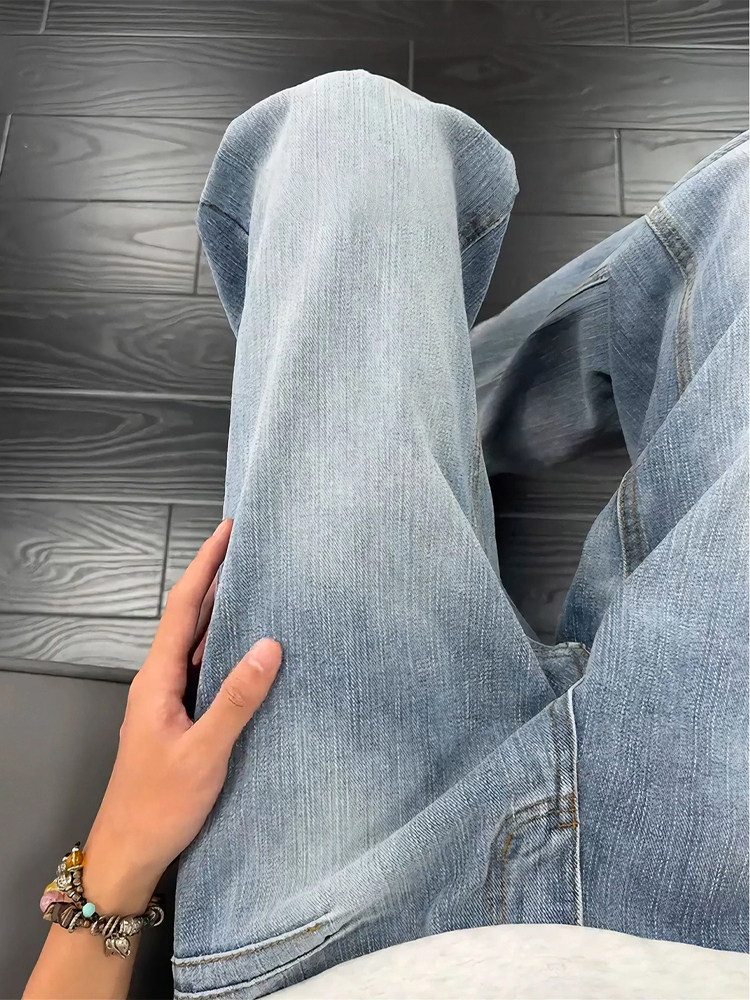 Bamboo Pattern Washed Light Blue Jeans for Men, Autumn High Street Vibe, American Clean Fit Pants, Straight-Leg Flared Pants