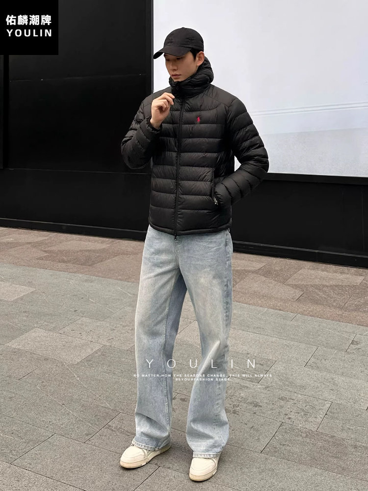 American High Street Style Horse Embroidery Ribbed down Jacket for Men, Lightweight Winter Three-Proof Hooded Cold-Proof Cotton Coat