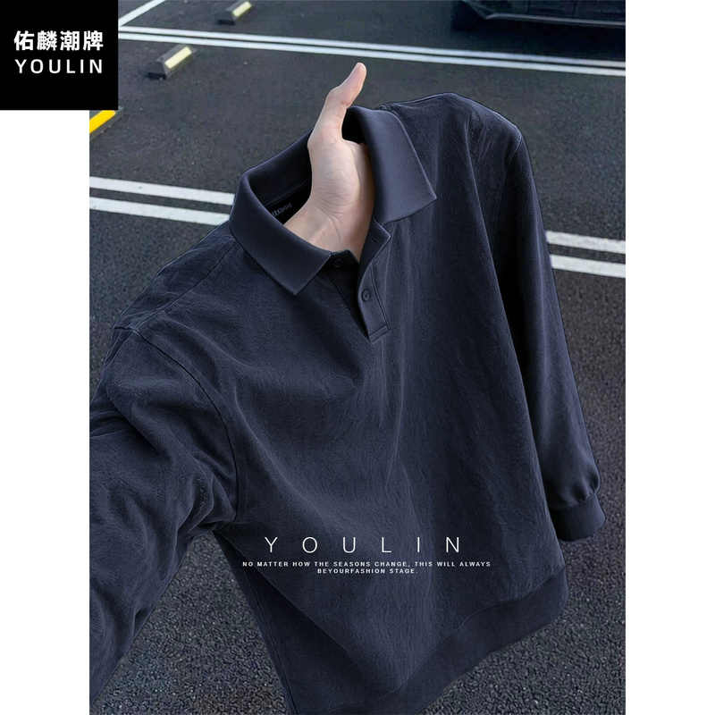 Navy Blue American-Style Heavyweight Long-Sleeve Polo Shirt for Men, Autumn High-End Feel, Collared T-Shirt, Inner Layer Base Shirt, Sweatshirt Navy Blue American-Style Heavyweight Long-Sleeve Polo Shirt for Men, Autumn High-End Feel, Collared T-Shirt, Inner Layer Base Shirt, Sweatshirt