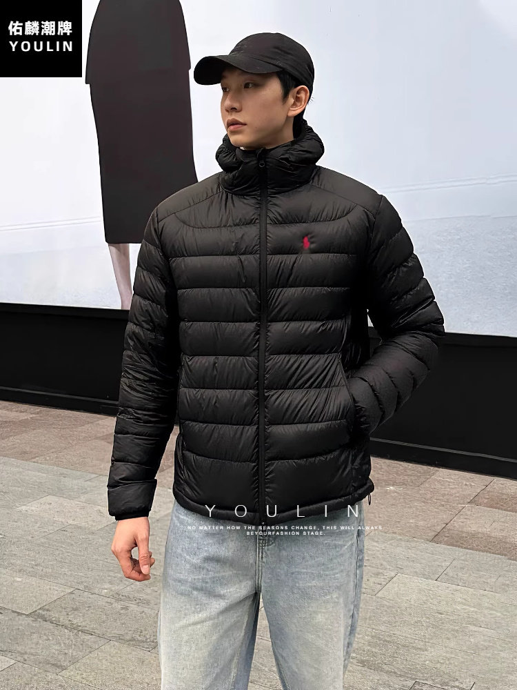 American High Street Style Horse Embroidery Ribbed down Jacket for Men, Lightweight Winter Three-Proof Hooded Cold-Proof Cotton Coat