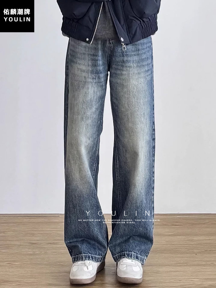 American Retro Blue Straight-Leg Jeans for Men, Autumn and Winter Cleanfit Loose Wide-Leg Pants, Slimming Scimitar Pants