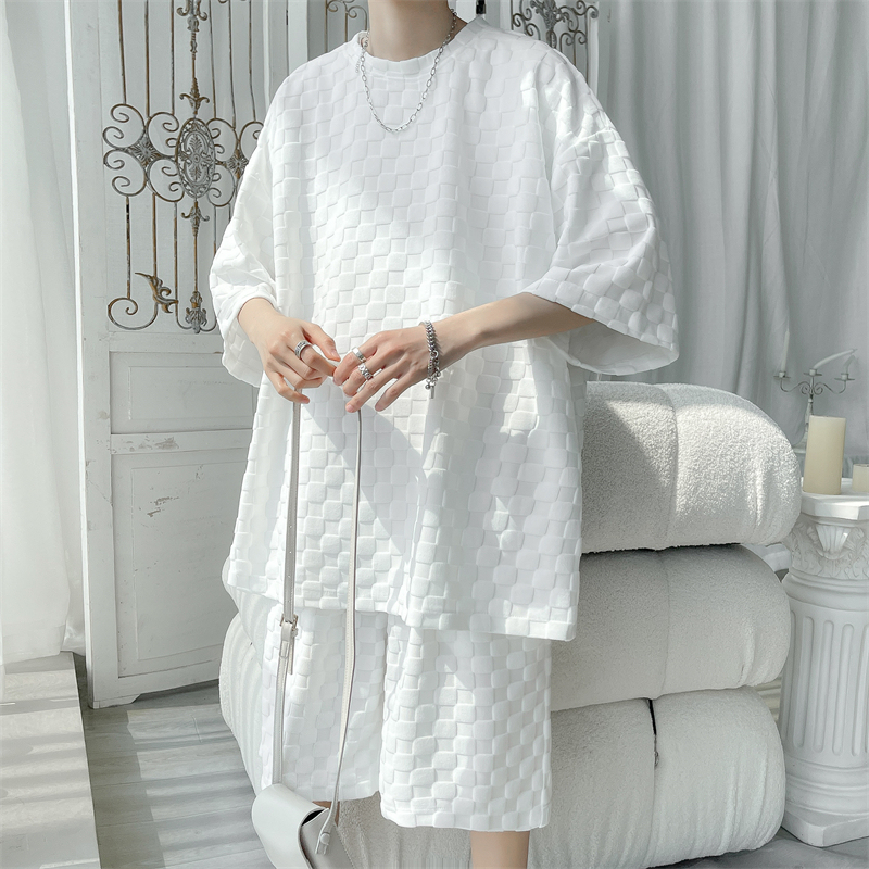 White Checkerboard Short-Sleeve and Shorts Set for Men, High-End Two-Piece Summer Trendy Brand Men's Outfit Set