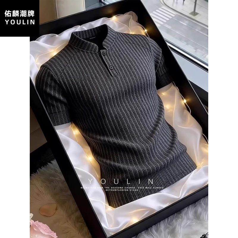 Henry Collar Fishbone Pattern Short-Sleeve Men's Polo Shirt, Summer American-Style Heavyweight Regular Shoulder T-Shirt, Old Money Style Stand Collar Half-Sleeve