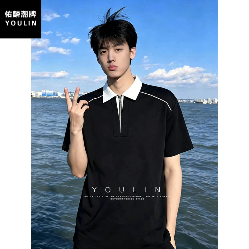 American-Style Faux Two-Piece Color-Block Short-Sleeve Polo Shirt for Men, Summer Half-Zip Turn-Down Collar T-Shirt with a High-End Feel, Regular Shoulder Half-Sleeve