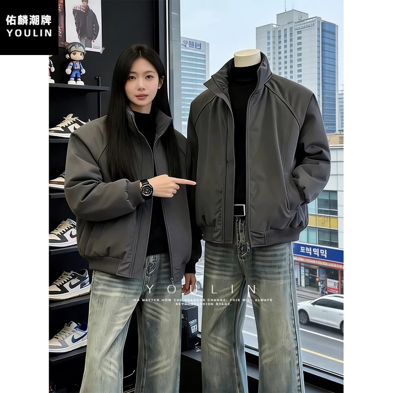 Gray American-Style Flight Jacket for Men, Spring and Autumn Short Bomber Jacket, Regular Shoulder Workwear Jacket, Boxy Stand Collar Baseball Jacket